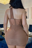 Brown Sexy Party Solid See-through Fold Hot Drill Solid Color One Shoulder Wrapped Skirt Dresses