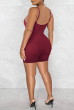Rose Red Sexy Casual Solid Backless Spaghetti Strap Skinny Romper