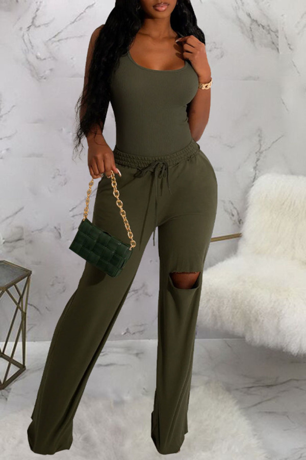 Army Green Casual Solid Ripped Patchwork U Neck Sleeveless Two Pieces