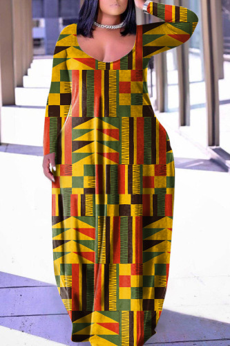 Orange Green Casual Print Basic V Neck Long Sleeve Dresses