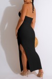 Black Sexy Solid Bandage Backless Slit Halter Long Dress Dresses