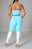 Light Blue Sexy Casual Solid Bandage Patchwork Backless Contrast Strapless Sleeveless Two Pieces