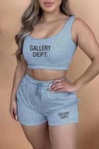 Grey Casual Print Letter U Neck Sleeveless Two Pieces