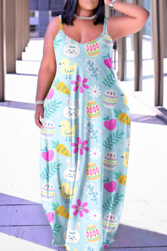 Light Blue Sexy Casual Print Backless Spaghetti Strap Dresses