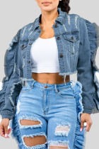 Blue Casual Street Solid Patchwork Buckle Stringy Selvedge Turndown Collar Long Sleeve Straight Denim Jacket