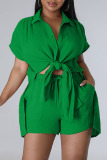 Green Casual Solid Patchwork Buckle Slit Turndown Collar Short Sleeve Two Pieces