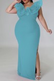 Blue Sexy Solid Patchwork Slit V Neck Long Dress Plus Size Dresses