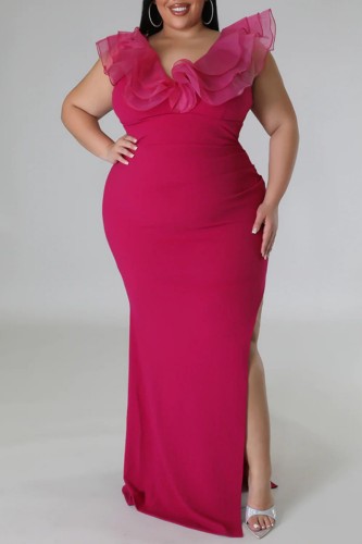 Rose Red Sexy Solid Patchwork Slit V Neck Long Dress Plus Size Dresses