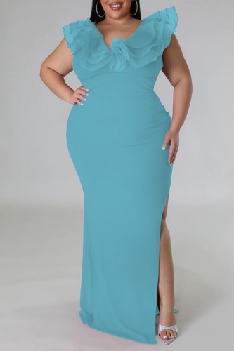 Light Blue Sexy Solid Patchwork Slit V Neck Long Dress Plus Size Dresses