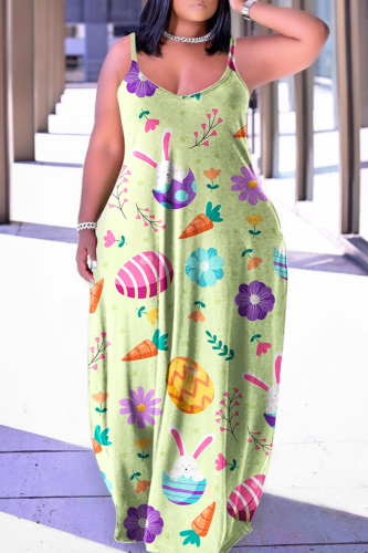 Light Green Sexy Casual Print Backless Spaghetti Strap Dresses