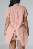 Pink Casual Solid Patchwork Buckle Slit Turndown Collar Short Sleeve Two Pieces
