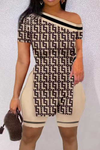 Cream White Casual Print Patchwork Slit Oblique Collar Short Sleeve Two Pieces