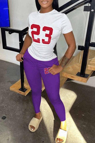 Purple Casual Print Patchwork O Neck Short Sleeve Two Pieces