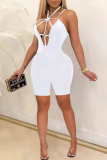 White Sexy Solid Hollowed Out Backless Spaghetti Strap Skinny Romper