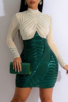 Green Sexy Patchwork Hot Drill Half A Turtleneck Long Sleeve Dresses
