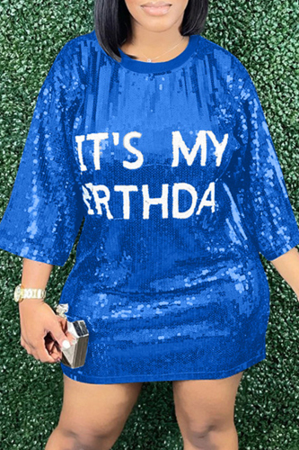 Blue Casual Letter Sequins Patchwork O Neck A Line Dresses