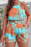 Blue Casual Print With Belt O Neck Sleeveless Two Pieces