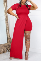 Red Sexy Solid High Opening O Neck Short Sleeve Two Pieces