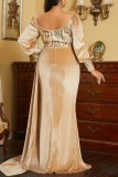 Gold Casual Solid Sequins Patchwork V Neck Long Sleeve Plus Size Dresses
