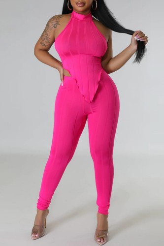 Rose Red Sexy Casual Solid Backless Asymmetrical Halter Sleeveless Two Pieces