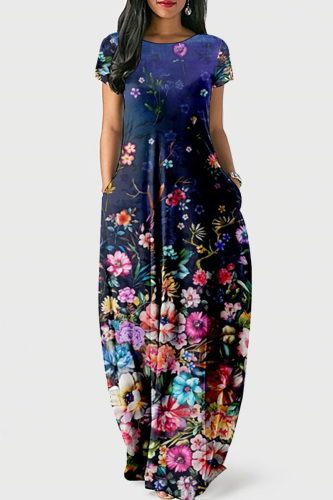 Dark Blue Casual Print Basic O Neck Short Sleeve Dress Dresses