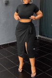 Black Casual Solid Slit O Neck Short Sleeve Two Pieces