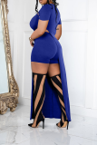 Blue Sexy Solid High Opening O Neck Short Sleeve Two Pieces