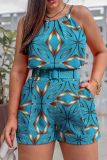 Blue Red Casual Print With Belt O Neck Sleeveless Two Pieces