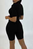 Black Sexy Solid Patchwork Zipper Collar Skinny Rompers