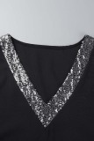 Black Casual Patchwork Bandage Sequins V Neck Dresses