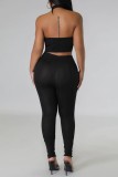 Black Sexy Casual Solid Backless Asymmetrical Halter Sleeveless Two Pieces
