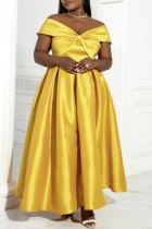 Gold Sexy Formal Solid Patchwork Backless With Bow Off the Shoulder Evening Dress Plus Size Dresses
