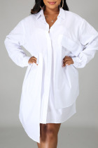 White Casual Solid Patchwork Buckle Asymmetrical Turndown Collar Shirt Dress Dresses