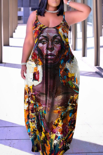 Multicolor Sexy Casual Print Backless Spaghetti Strap Long Dress Dresses
