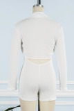 White Sexy Solid Patchwork Backless O Neck Long Sleeve Two Pieces