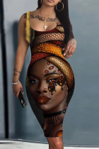 Dark Brown Casual Street Print Patchwork U Neck Pencil Skirt Dresses