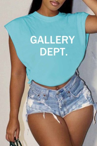 Baby Blue Casual Street Print Letter O Neck T-Shirts