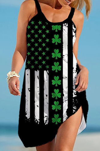 Black Green Casual Print Basic O Neck Sleeveless Dress Dresses