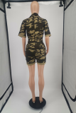 Camouflage Street Camouflage Print Draw String Turndown Collar Straight Rompers