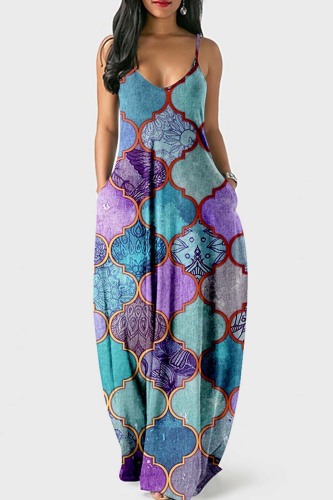 Purple Sexy Casual Print Backless Spaghetti Strap Long Dress Dresses