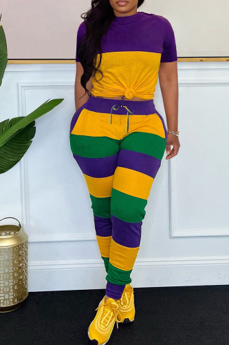 Purple Casual Striped Print Patchwork O Neck Short Sleeve Two Pieces