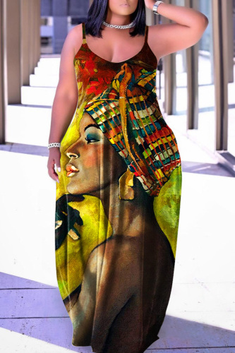 Green Yellow Sexy Casual Print Backless Spaghetti Strap Long Dress Dresses