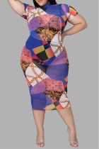Colour Casual Print Basic Turtleneck Short Sleeve Dress Plus Size Dresses