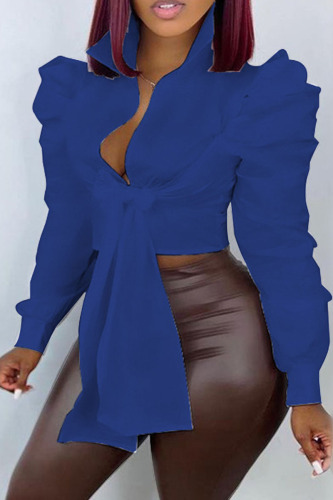 Royal Blue Fashion Casual Solid Bandage Turndown Collar Tops