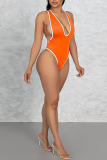 Tangerine Red Sexy Solid Patchwork Swimwears
