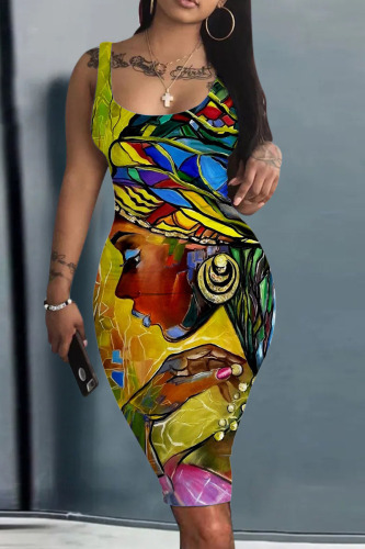 Green Yellow Casual Street Print Patchwork U Neck Pencil Skirt Dresses