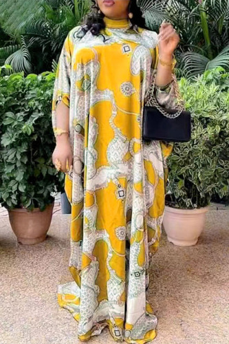 Yellow Casual Print Patchwork Half A Turtleneck Long Dress Dresses