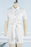 White Casual Solid Bandage Patchwork Pocket Buckle Turndown Collar Short Sleeve Two Pieces