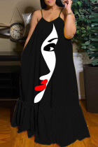 Cowboy Black Casual Street Print Patchwork Spaghetti Strap Sling Dress Dresses