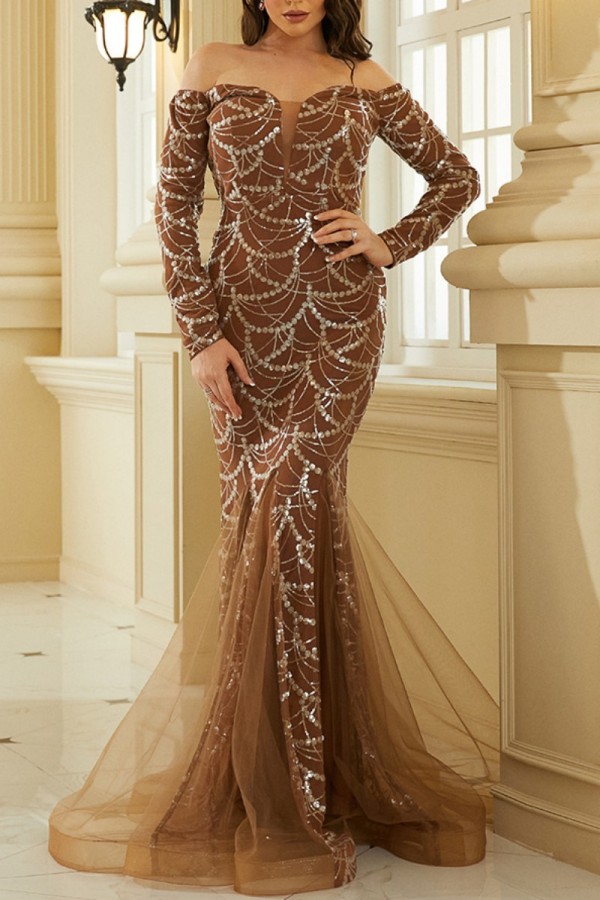 Brown Sexy Patchwork Sequins Off the Shoulder Evening Dress Dresses
